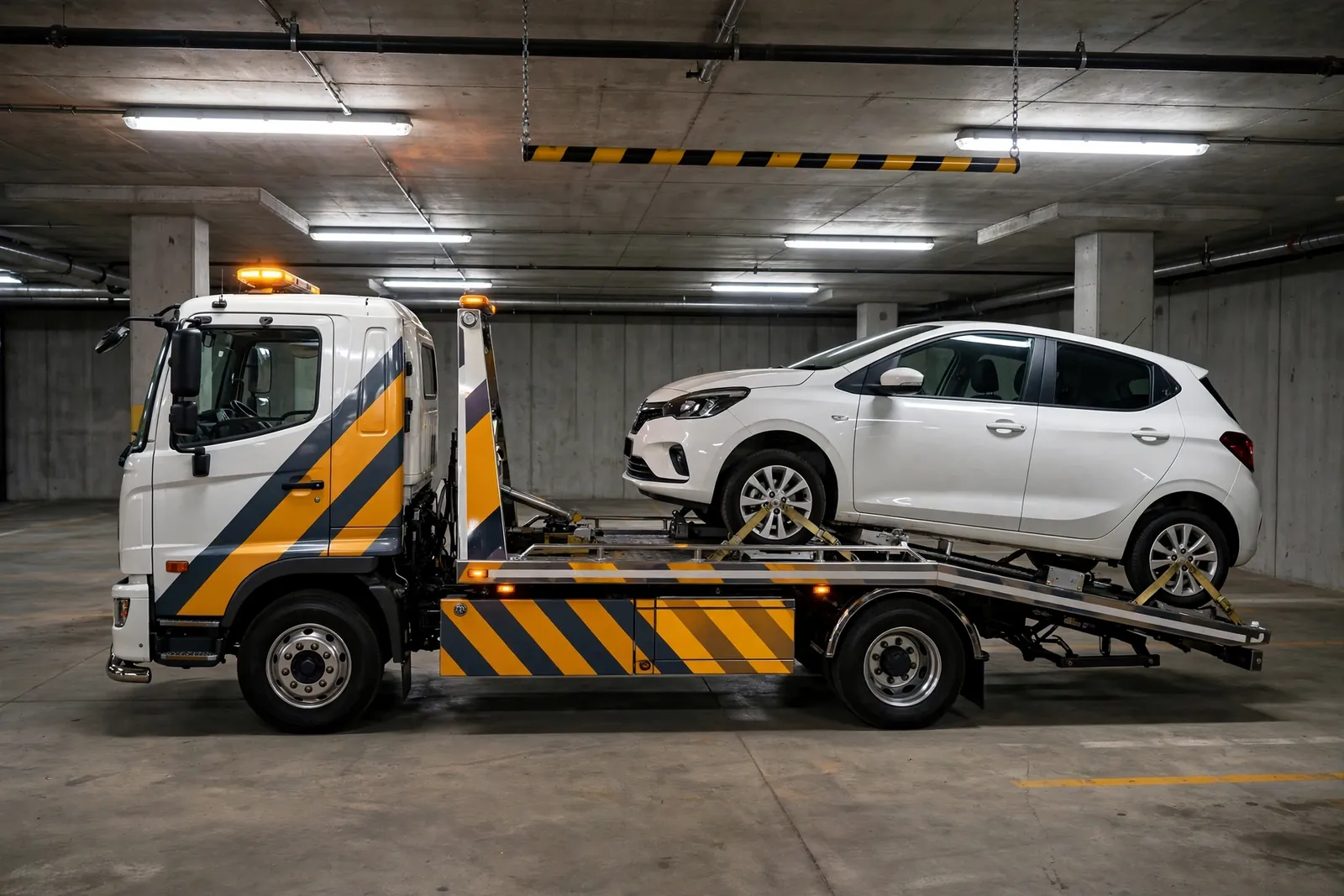 Tow truck carrying a strapped-down hatchback inside an underground carpark