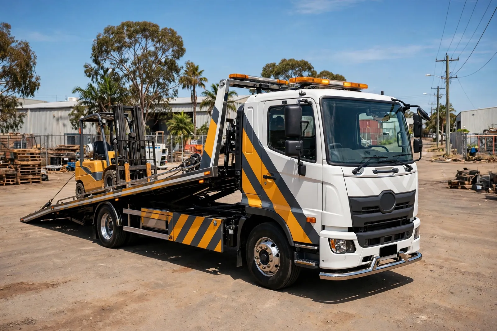 Heavy tilt-slider truck with its deck lowered, winching a forklift aboard