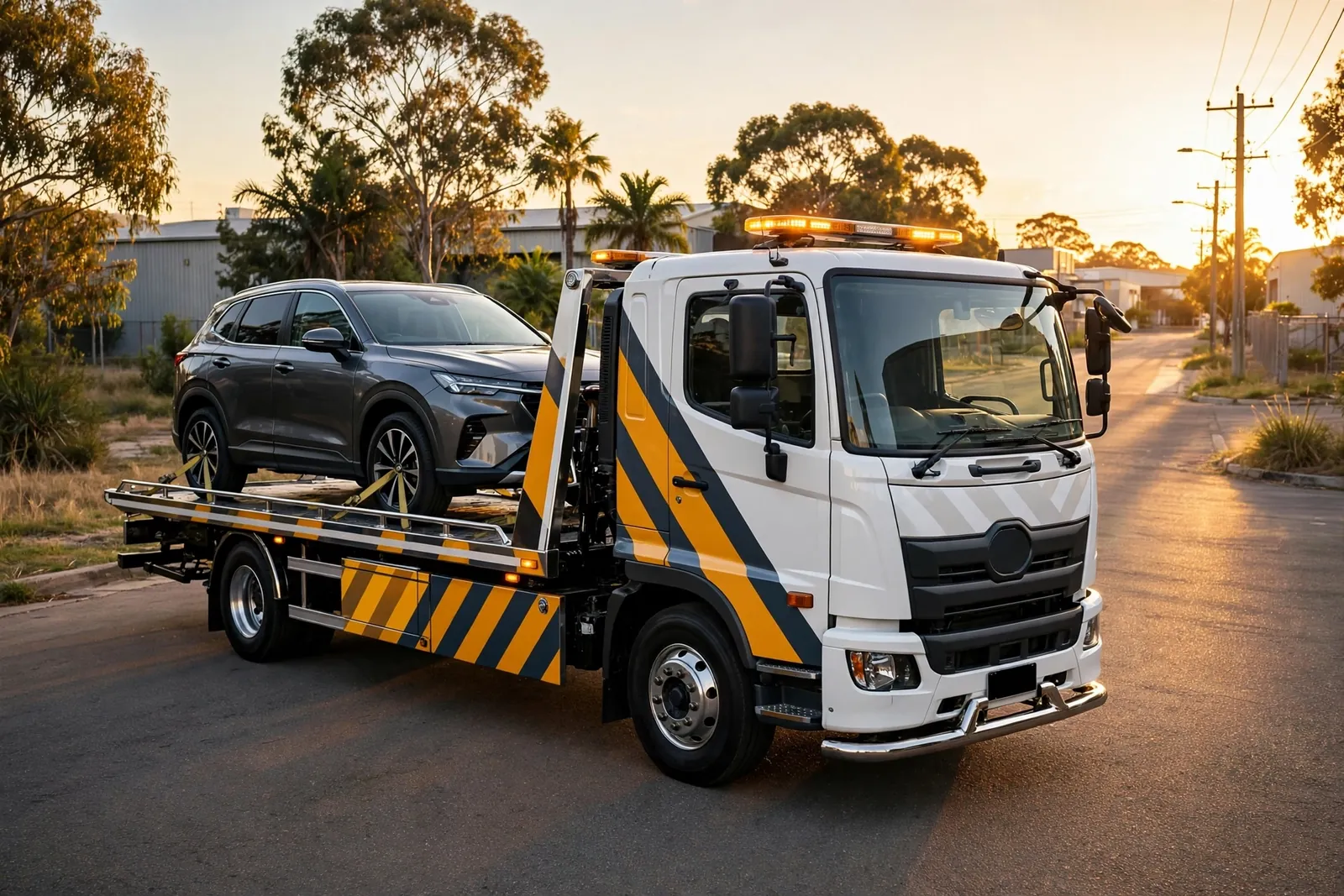 Tilt-tray tow truck carrying an SUV secured with soft wheel straps