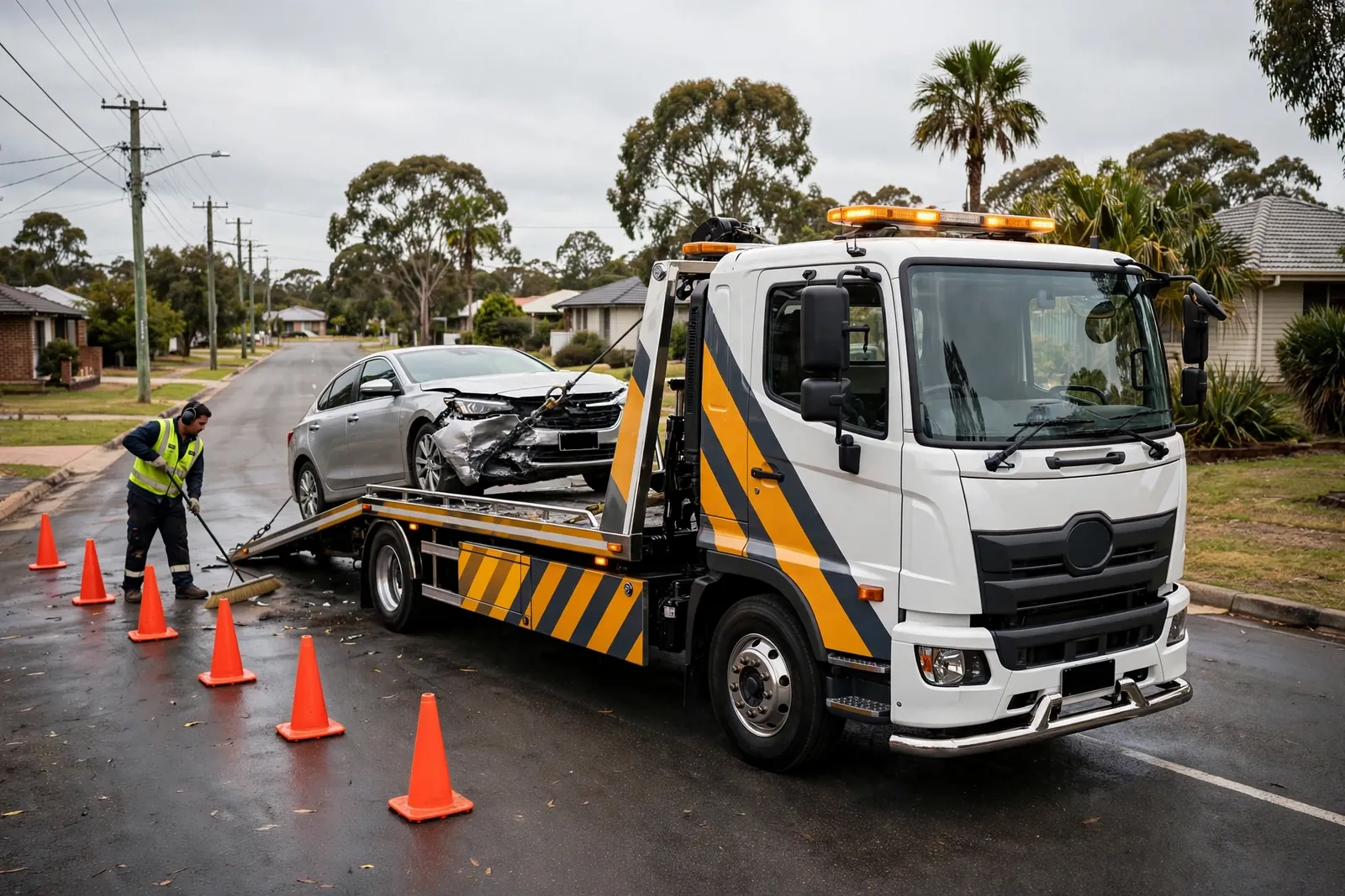 Damaged sedan being winched onto a tilt-tray tow truck with traffic cones set out
