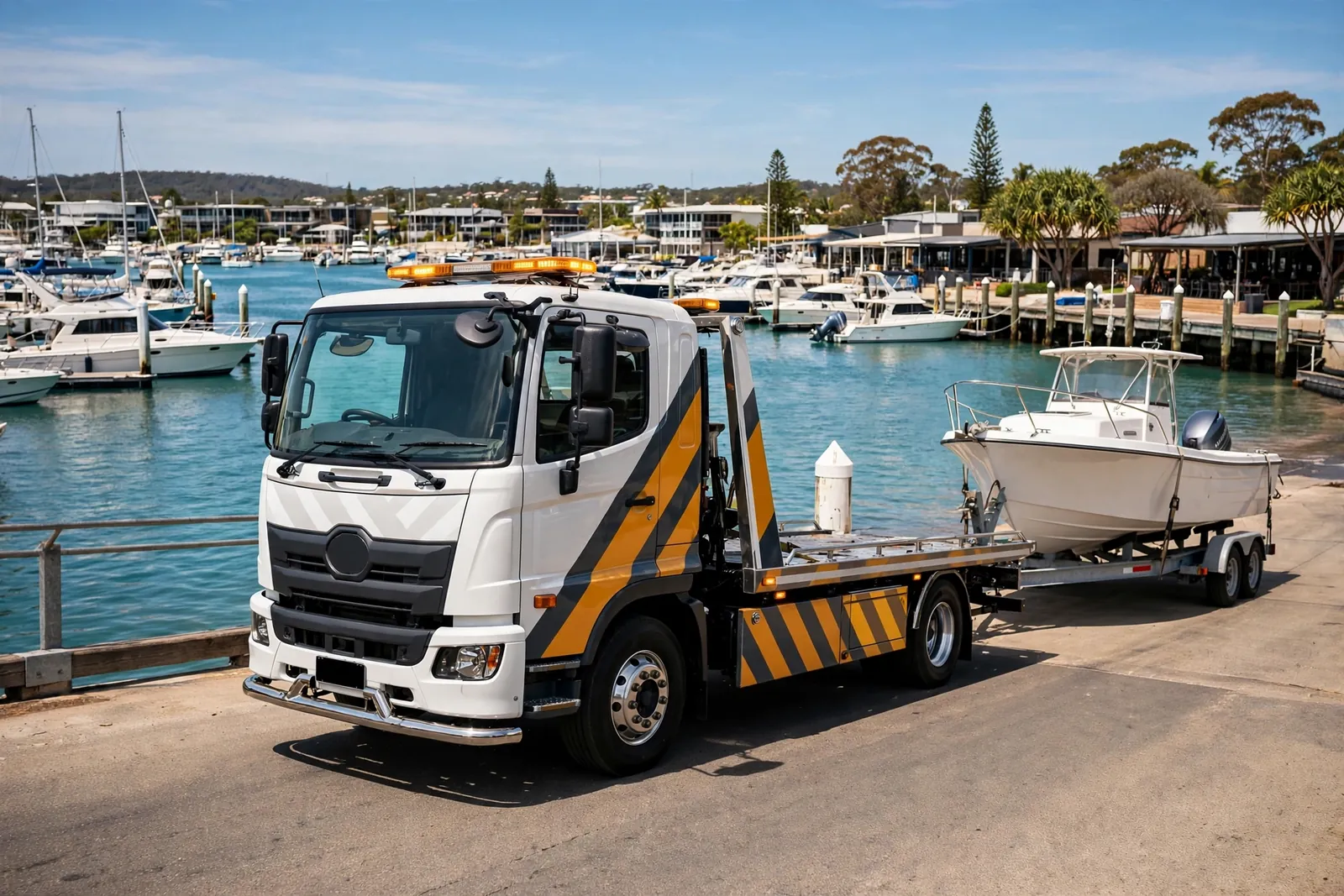 Tow truck towing a fishing boat on its trailer away from a Gold Coast marina
