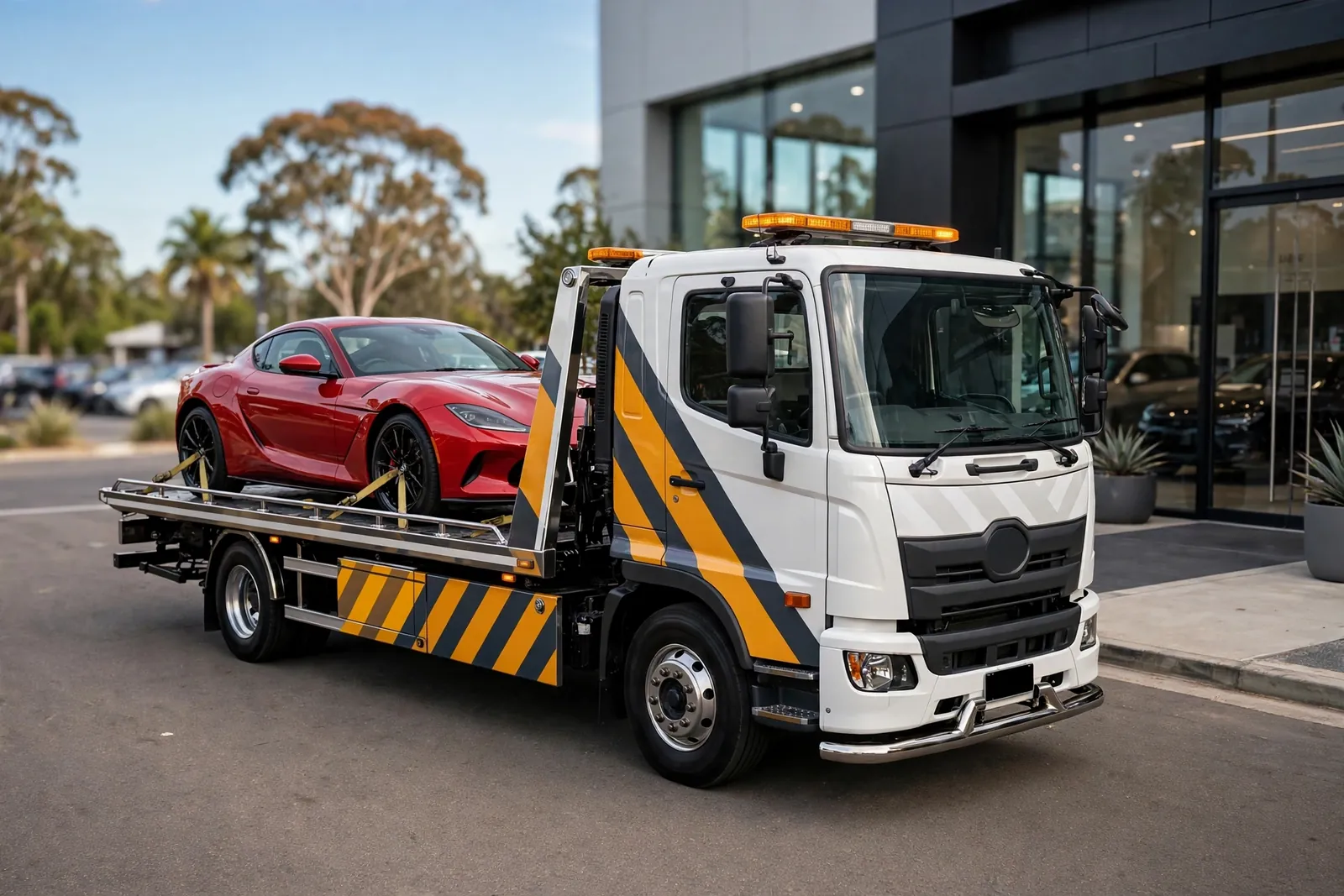 Red sports coupe secured with soft wheel straps on a tilt-tray truck outside a car showroom
