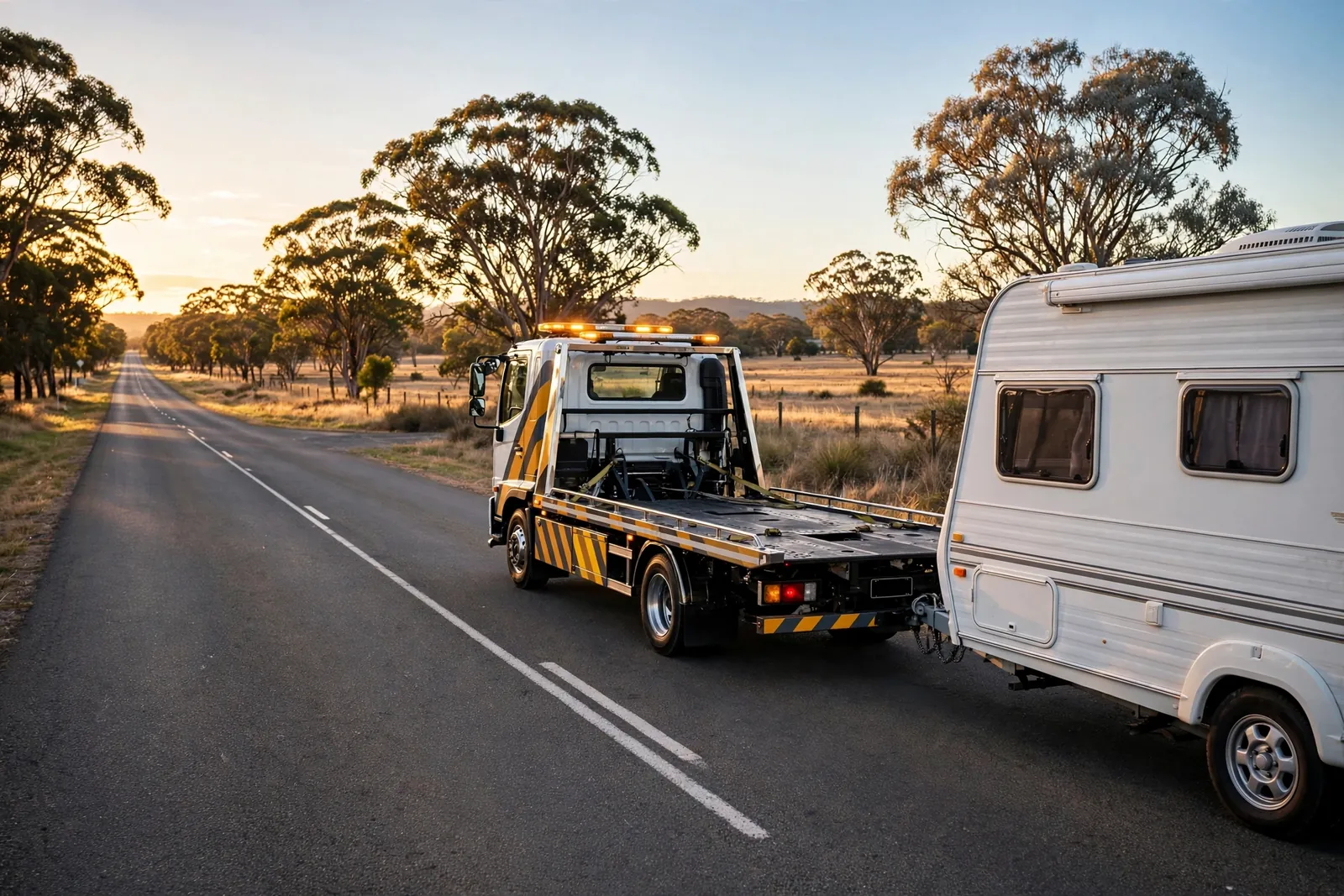 Tow truck towing a family caravan along a Queensland country highway