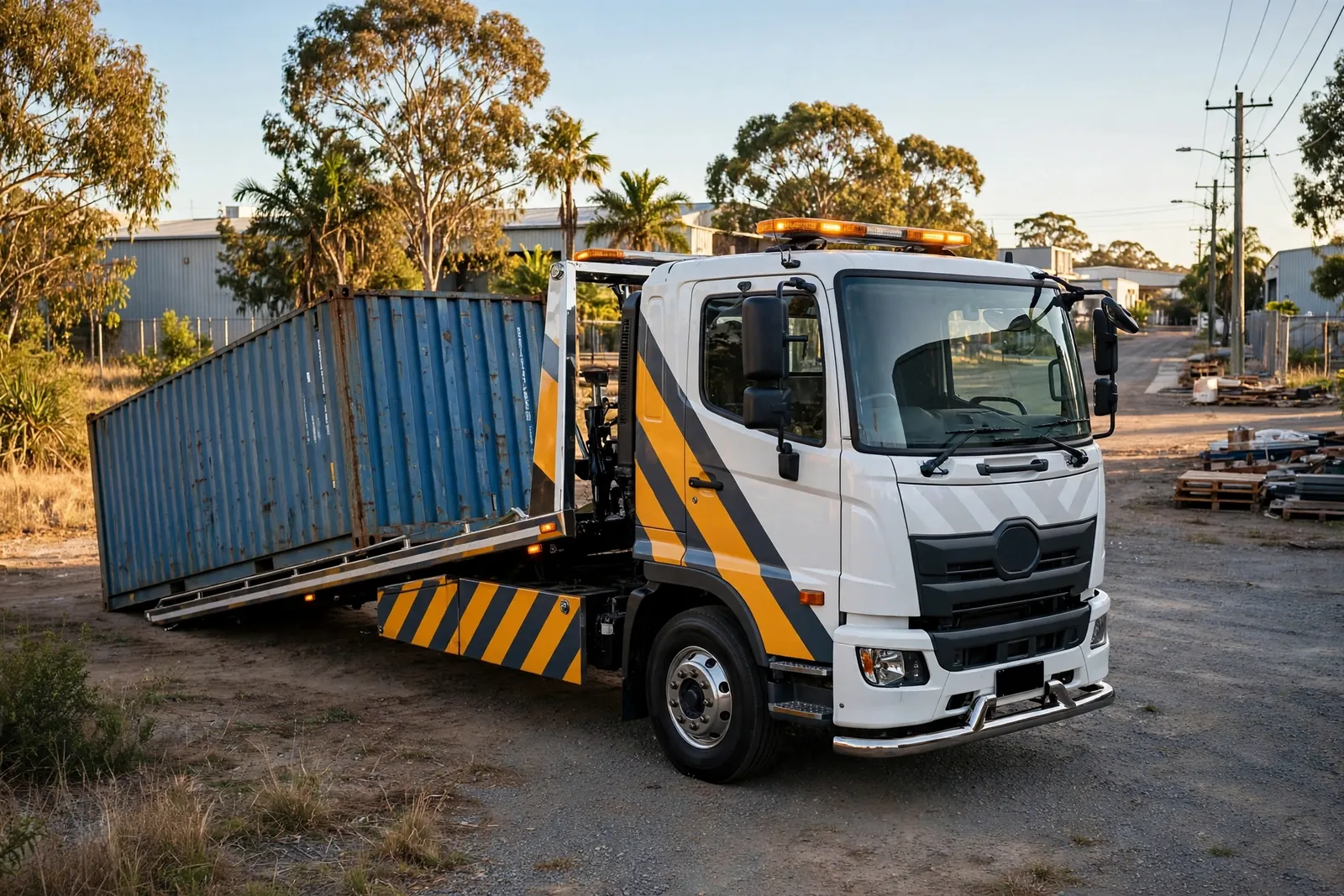Heavy tilt-slider truck unloading a 20ft shipping container at an industrial yard