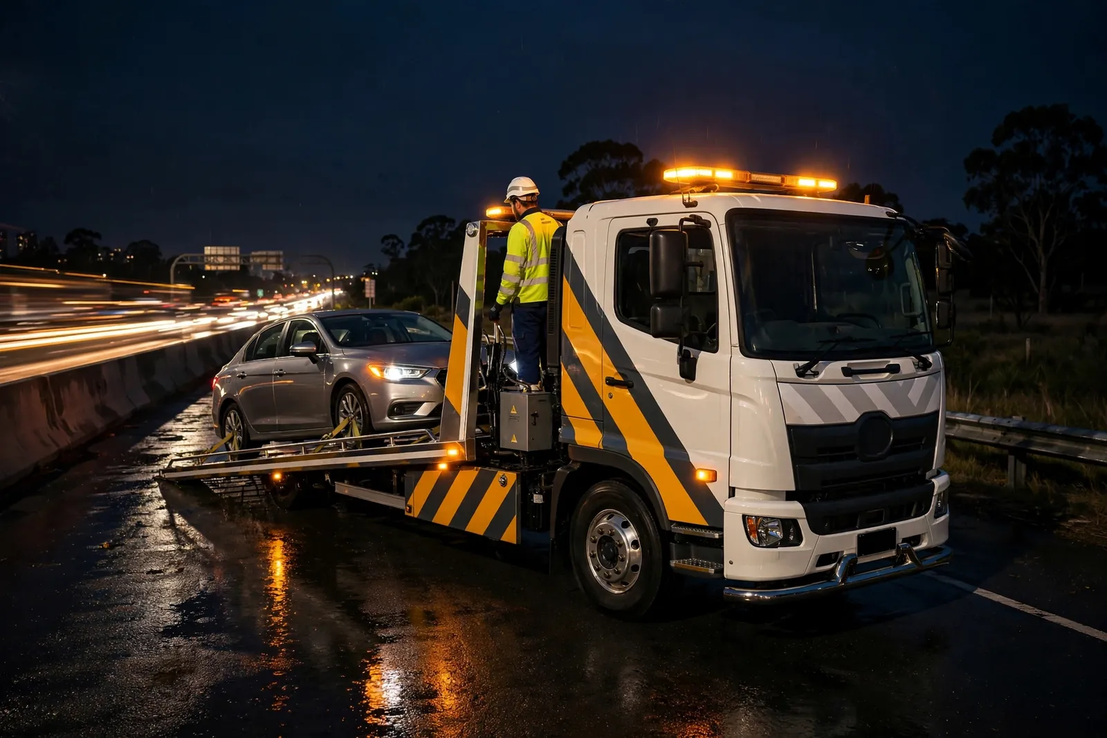 Tilt-tray tow truck loading a broken-down sedan on a Brisbane motorway shoulder at night