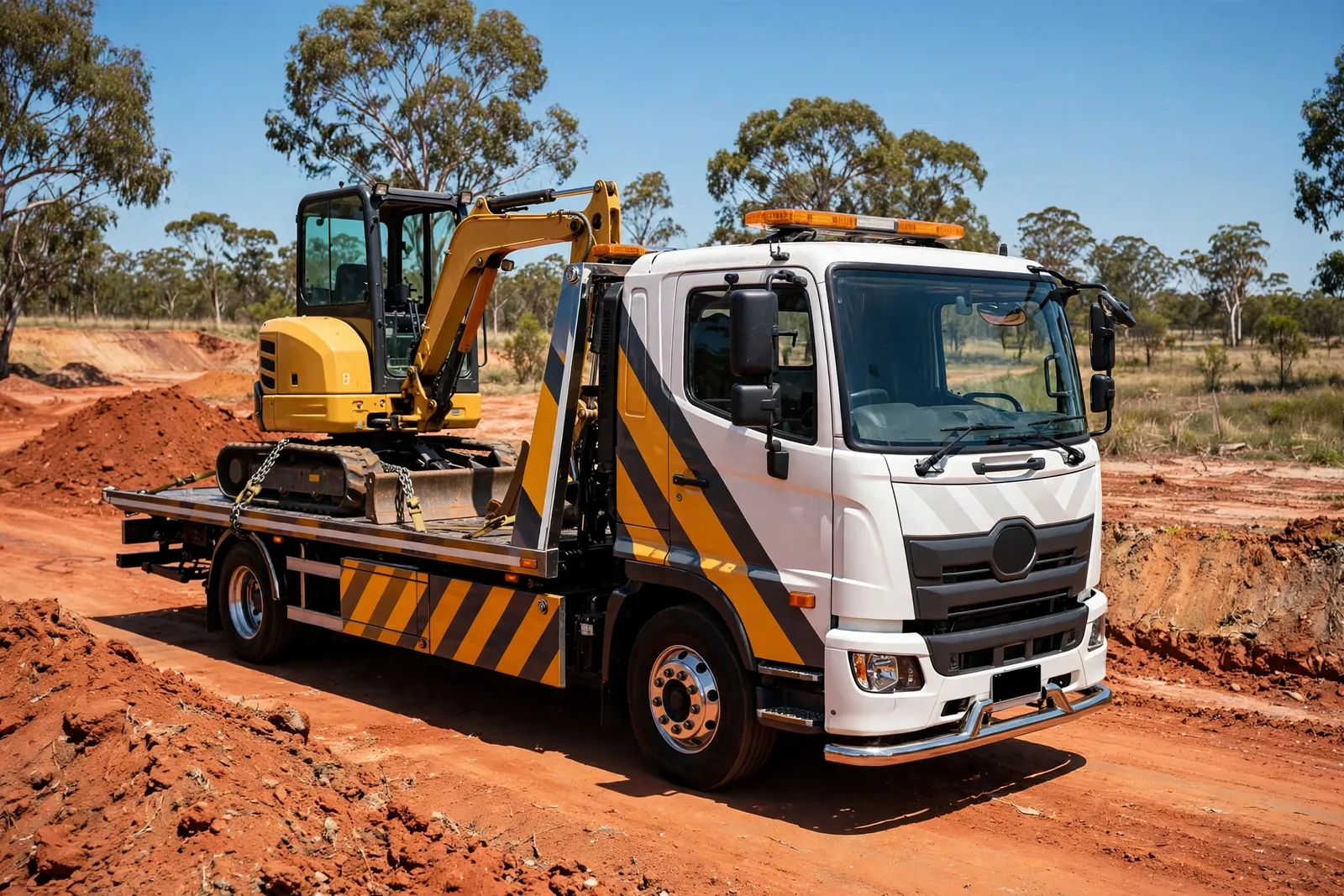 Mini excavator chained down on a heavy tilt-slider truck at a Queensland construction site