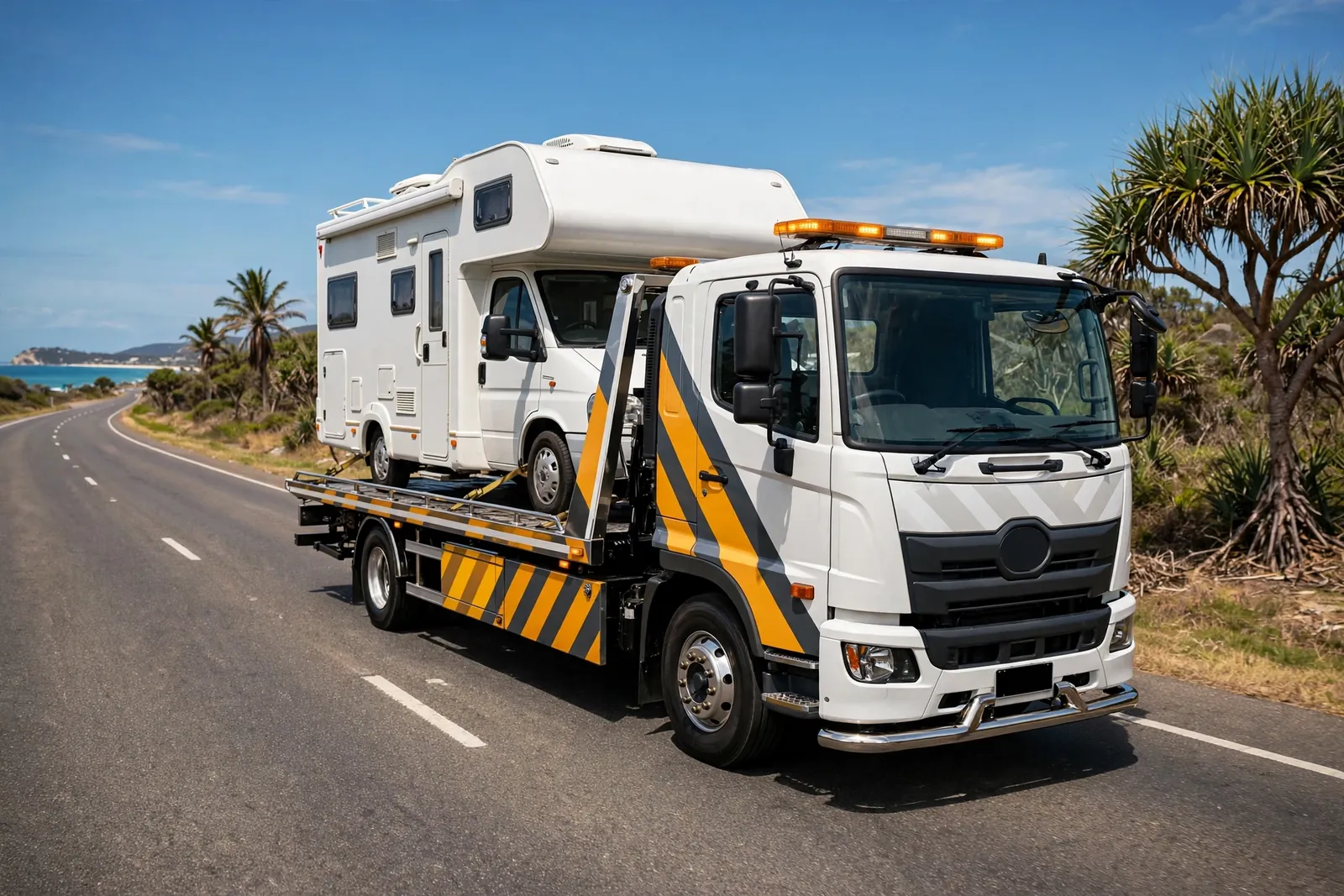 Campervan motorhome carried on a tow truck along a Queensland coastal highway