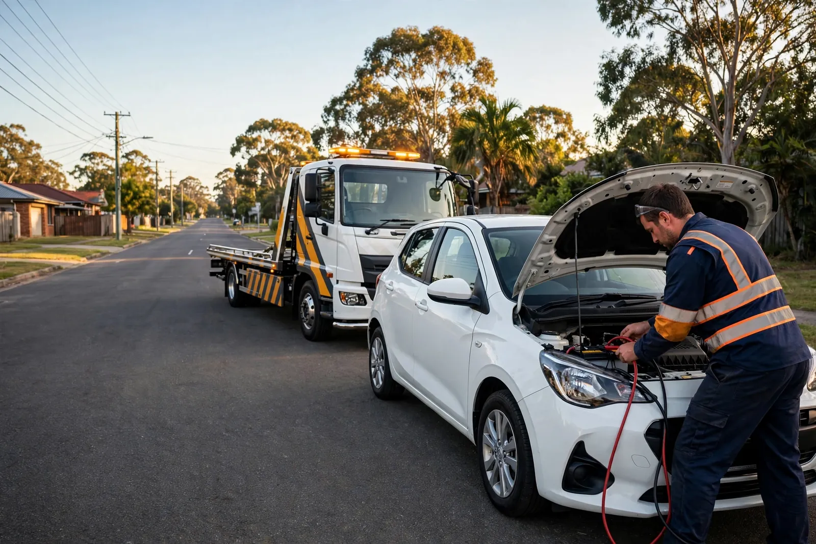 Roadside assistance technician jump-starting a hatchback on a Brisbane suburban street